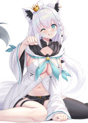 Rule 34 | 1girl, absurdres, ahoge, animal ear fluff, animal ears, arm between legs, black shorts, black thighhighs, blue neckerchief, blush, braid, breasts, cleavage, collarbone, commentary request, crown, drawn whiskers, earrings, extra ears, fox ears, fox girl, fox tail, green eyes, hair between eyes, highres, hololive, hood, hoodie, jewelry, large breasts, long hair, looking at viewer, midriff, mini crown, navel, neckerchief, one eye closed, paw pose, shirakami fubuki, shirakami fubuki (1st costume), short shorts, shorts, sidelocks, simple background, single braid, single thighhigh, sitting, smile, solo, tail, thigh strap, thighhighs, tongue, tongue out, uehiro, virtual youtuber, wariza, white background, white hair, white hoodie