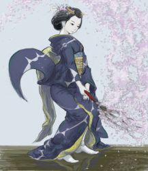 Rule 34 | 1girl, black hair, cherry blossoms, japanese clothes, kimono, petals, solo, ymr