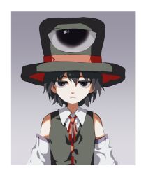 Rule 34 | 1other, androgynous, bare shoulders, black eyes, black hair, black hat, black vest, border, closed mouth, collared shirt, commentary request, detached sleeves, enraku tsubakura, favnvs (s910a ib6), frown, gradient background, grey background, hat, len&#039;en, looking at viewer, neck ribbon, other focus, red ribbon, ribbon, sanpaku, shirt, simple background, sleeveless, sleeveless shirt, solo, upper body, vest, white border, white shirt, white sleeves