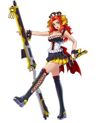 Rule 34 | 1girl, boots, bracelet, breasts, cleavage, cross-laced footwear, green eyes, gun, hat, huge weapon, jewelry, knee boots, kouryuuji mii, lace-up boots, large breasts, long hair, machine pistol, official art, platform footwear, platform heels, project x zone, red hair, rifle, shotgun, skirt, smile, solo, weapon, wrist cuffs