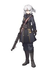 Rule 34 | 1girl, absurdres, aqua eyes, belt, chinese commentary, commentary request, full body, gloves, gun, highres, holding, holding gun, holding weapon, military, military uniform, original, ponytail, pouch, sheath, sheathed, sherman (egnk2525), short hair, solo, standing, uniform, weapon, white background, white hair
