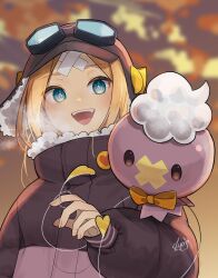 Rule 34 | 1girl, abigail williams (fate), artist name, blonde hair, blue eyes, blurry, blurry background, bow, bowtie, clothed pokemon, creatures (company), crossover, depth of field, drifloon, fate/grand order, fate (series), game freak, gen 4 pokemon, goggles, goggles on head, highres, jacket, kyojo128, nintendo, open mouth, orange bow, orange bowtie, pokemon, pokemon (creature), signature, teeth, upper body, upper teeth only, watermark