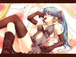 Rule 34 | 1girl, aqua eyes, aqua hair, bare shoulders, bespectacled, black thighhighs, bra, cherry, cookie, crossed legs, elbow gloves, food, fruit, glasses, gloves, hatsune miku, headset, holding, holding food, holding fruit, jyuru, legs, lingerie, long hair, lying, sexually suggestive, solo, thighhighs, underwear, vocaloid
