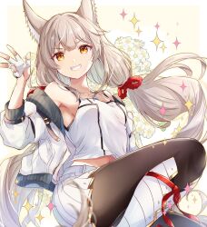 Rule 34 | 1girl, animal ears, breasts, camisole, cat ears, chest jewel, cosplay, facial mark, gloves, grey hair, highres, jacket, long hair, looking at viewer, mio (xenoblade), mio (xenoblade) (cosplay), nia (blade) (xenoblade), nia (xenoblade), pantyhose, skirt, small breasts, smile, solo, tank top, twintails, ui frara, very long hair, white camisole, white jacket, white skirt, white tank top, xenoblade chronicles (series), xenoblade chronicles 2, yellow eyes