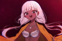 Rule 34 | 1girl, :d, bikini, breasts, cleavage, collarbone, crazy eyes, danganronpa (series), danganronpa v3: killing harmony, frilled bikini, frills, gradient background, grey hair, highres, jacket, jewelry, long hair, medium breasts, necklace, open clothes, open jacket, open mouth, orange jacket, red background, ringo ame no ria, shell, shell necklace, smile, solo, swimsuit, teeth, upper body, upper teeth only, white bikini, yonaga angie