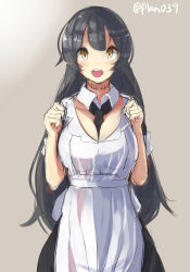 Rule 34 | 10s, 1girl, :o, agano (kancolle), alternate costume, between breasts, black hair, blush, breasts, cleavage, enmaided, grey background, highres, kantai collection, large breasts, long hair, looking at viewer, maid, necktie, necktie between breasts, open mouth, plan (planhaplalan), solo, standing, twitter username, yellow eyes