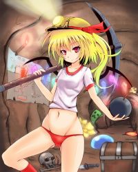 Rule 34 | 1girl, alternate costume, bad id, bad pixiv id, blonde hair, bomb, buruma, collarbone, creeper, crossover, embodiment of scarlet devil, explosive, flandre scarlet, groin, gym uniform, hat, light smile, looking at viewer, map, minecraft, mining helmet, lava, navel, over shoulder, panties, pickaxe, red eyes, red panties, shirt, short hair, side ponytail, skull, smile, solo, sumapan, sword, terraria, torch, touhou, treasure chest, tunnel, underground, underwear, weapon, wings