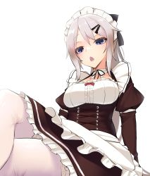 Rule 34 | 1girl, 9a-91 (bullets cafe) (girls&#039; frontline), 9a-91 (girls&#039; frontline), absurdres, alternate costume, blue eyes, blush, breasts, enmaided, from above, girls&#039; frontline, hair ornament, hairclip, highres, long hair, looking at viewer, maid, maid headdress, medium breasts, official alternate costume, open mouth, pantyhose, silver hair, solo, upper body, white background, white pantyhose, yanagui