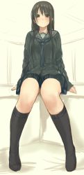 Rule 34 | 1girl, black hair, blush, brown eyes, kirisawa saki, kneehighs, long hair, looking at viewer, original, school uniform, serafuku, simple background, sitting, socks, solo