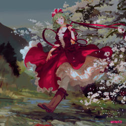 Rule 34 | 1girl, absurdres, boots, bow, brown footwear, cherry blossoms, dress, frilled dress, frilled sleeves, frills, front ponytail, green eyes, green hair, hair bow, hair ribbon, highres, jq, kagiyama hina, layered dress, looking at viewer, nature, outdoors, puffy short sleeves, puffy sleeves, red dress, ribbon, scenery, shoe soles, short sleeves, solo, touhou, tree, water