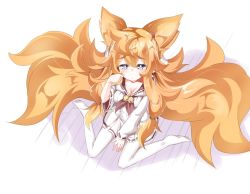 Rule 34 | 1girl, animal ears, blue eyes, female focus, fox ears, fox tail, from above, highres, long hair, multiple tails, niwaka potato, original, paw pose, sitting, solo, tail, thighhighs, wariza, white thighhighs