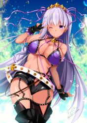 Rule 34 | 1girl, ;), azuma yuki, bad id, bad pixiv id, bare shoulders, bb (fate), bb (fate) (all), bb (swimsuit mooncancer) (fate), bb (swimsuit mooncancer) (second ascension) (fate), belt, belt buckle, bikini, black gloves, black shorts, black thighhighs, blue sky, blush, breasts, buckle, cleavage, closed mouth, cloud, cloudy sky, collarbone, day, earrings, fate/grand order, fate (series), fingerless gloves, gloves, hair between eyes, jewelry, large breasts, long hair, micro shorts, navel, one eye closed, open clothes, open fly, open shorts, outdoors, purple bikini, purple eyes, purple hair, short shorts, shorts, signature, sky, smile, solo, star (symbol), star earrings, swimsuit, tan, thighhighs, twitter username, v-shaped eyebrows, v over eye, very long hair, white belt