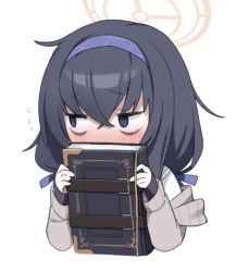 Rule 34 | @ @, aumann, black hair, blue archive, blue eyes, blue hairband, blush, book, covering own mouth, flying sweatdrops, hair between eyes, hairband, halo, holding, holding book, long hair, long sleeves, looking away, lowres, simple background, solo, ui (blue archive), white background