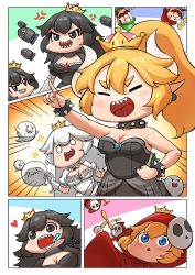 Rule 34 | 2boys, 6+girls, :d, ^ ^, bare shoulders, black dress, black eyes, black hair, blonde hair, blue eyes, boo (mario), bowsette, bracelet, breasts, brown eyes, brown hair, bullet bill, chain, chain chomp, chain leash, cleavage, closed eyes, collar, comic, commentary request, crown, dress, eyeliner, facial hair, gloves, gooster, hat, highres, jewelry, leash, long hair, luigi, luigi&#039;s mansion, makeup, mario, mario (series), multiple boys, multiple girls, mustache, new super mario bros. u deluxe, nintendo, off-shoulder dress, off shoulder, open mouth, peeking out, ponytail, princess chain chomp, princess king boo, red hood, sharp teeth, shy gal, silent comic, smile, spiked bracelet, spiked collar, spikes, super crown, teeth, white dress, white gloves, white hair