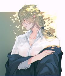 Rule 34 | 1boy, aglovale (granblue fantasy), blonde hair, blue jacket, closed eyes, collared shirt, dappled sunlight, facing to the side, granblue fantasy, hair between eyes, highres, jacket, long hair, low ponytail, male focus, open collar, outside border, parted lips, profile, shirt, solo, sunlight, sweat, tokikane mikan, undressing, upper body, wet, wet clothes, wet shirt, white shirt