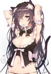 Rule 34 | 1girl, animal ears, armpits, arms up, bandages, black hair, black panties, black shirt, blouse, blush, bow, bowtie, breasts, cat ears, cat girl, cat tail, cleavage, detached collar, eyepatch, frilled shirt, frills, large breasts, long hair, maid headdress, mika pikazo, mouth hold, navel, no pants, original, panties, pink eyes, shirt, sleeveless, sleeveless shirt, solo, tail, underwear