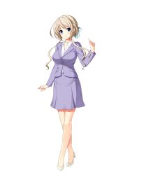 Rule 34 | 1girl, blonde hair, blue eyes, breasts, formal, full body, high heels, highres, hoshi ori yume mirai, jewelry, koizumi amane, large breasts, looking at viewer, necklace, non-web source, office lady, okihara misa, skirt, smile, standing, suit, transparent background