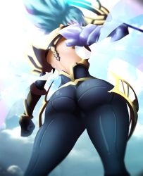 Rule 34 | 1girl, absurdres, ass, back, bare back, blue hair, bodysuit, from behind, from below, highres, hip focus, huge ass, league of legends, riven (league of legends), solo, sword, weapon, wide hips