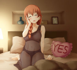 Rule 34 | 1girl, barefoot, bed, black panties, blush, braid, closed eyes, frilled pillow, frills, hair over shoulder, heart, heart-shaped pillow, hino taka, inami mahiru&#039;s mother, lingerie, mature female, navel, nightgown, panties, pillow, see-through, sitting, smile, solo, underwear, wariza, working!!, yes, yes-no pillow