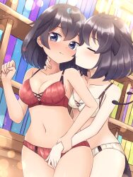 Rule 34 | 2girls, absurdres, arm garter, black hair, blue eyes, blush, bob cut, bookshelf, bra, breasts, cleavage, closed eyes, closed mouth, commentary, commission, fingering, frown, hand on another&#039;s neck, highres, indoors, kemono friends, kiss, lace, lace-trimmed bra, lace trim, looking at viewer, matching outfits, medium breasts, multiple girls, navel, panties, red bra, red panties, shiraha maru, short hair, standing, superb bird-of-paradise (kemono friends), underwear, underwear only, western parotia (kemono friends), white bra, white panties, yuri