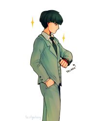 Rule 34 | 10s, 1boy, artist name, black eyes, black hair, bowl cut, formal, from side, hand in pocket, highres, kageyama shigeo, lostgalaxy8, male focus, mob psycho 100, necktie, profile, signature, solo, sparkle, suit, watch, wristwatch