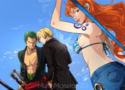 Rule 34 | 1girl, 2boys, artist name, bikini, bikini top only, blonde hair, commentary, curly eyebrows, denim, earrings, english commentary, facial hair, facial scar, formal, goatee, green hair, highres, jeans, jewelry, katana, long hair, looking at viewer, looking back, muffinmonstah, multiple boys, nami (one piece), one eye closed, one piece, open clothes, orange hair, outdoors, pants, roronoa zoro, sanji (one piece), scar, scar across eye, scar on cheek, scar on face, short hair, shoulder tattoo, single earring, smile, smoke, suit, swimsuit, sword, tattoo, teeth, tongue, tongue out, weapon