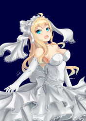 Rule 34 | 1girl, :d, absurdres, ahoge, bad id, bad pixiv id, blonde hair, blue eyes, breasts, choker, cleavage, dress, flower, gloves, highres, jewelry, kongou (warship girls r), lace, lace-trimmed dress, lace trim, long hair, looking at viewer, open mouth, ring, rose, sash, smile, solo, strapless, strapless dress, veil, warship girls r, wedding dress, white dress, white flower, white gloves, white rose, zhudacaimiao