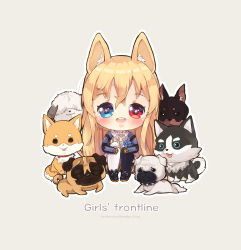 Rule 34 | + +, 1girl, :d, animal, animal ear fluff, animal ears, asymmetrical legwear, babydoll, bad id, bad pixiv id, black footwear, black gloves, black thighhighs, blonde hair, blue eyes, blush, chibi, closed eyes, commentary request, copyright name, dog, elbow gloves, foreign blue, fox, g41 (girls&#039; frontline), girls&#039; frontline, gloves, grey background, hair between eyes, heterochromia, long hair, looking at viewer, mismatched legwear, open mouth, red eyes, shoes, simple background, sitting, smile, solo, teeth, thighhighs, upper teeth only, very long hair, watermark, web address, white babydoll, white thighhighs