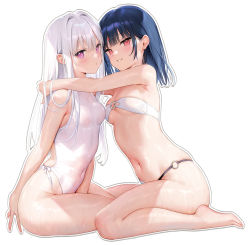 Rule 34 | 2girls, barefoot, bikini, black hair, blush, breasts, cleavage, full body, hair ornament, ichigo-chan (mignon), kneeling, long hair, looking at viewer, medium hair, mignon, multiple girls, navel, o-ring, o-ring bikini, one-piece swimsuit, original, parted lips, purple eyes, red eyes, shiro-chan (mignon), small breasts, smile, swimsuit, thighs, toes, wet, white bikini, white hair, white one-piece swimsuit