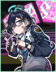 Rule 34 | 1girl, black hair, blue archive, blue necktie, blue sweater, breasts, cellphone, chihiro (blue archive), closed mouth, collared shirt, earbuds, earphones, glasses, green eyes, hair ornament, halo, highres, holding, holding phone, id card, jacket, letterman jacket, long sleeves, looking at viewer, medium breasts, necktie, phone, semi-rimless eyewear, shirt, shoeguy, short hair, sign, solo, sweater, upper body, white shirt