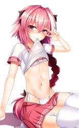 Rule 34 | 1boy, astolfo (fate), astolfo (sailor paladin) (fate), blush, bra, braid, fang, fate/apocrypha, fate/grand order, fate (series), hair intakes, hair ribbon, heart, heart-shaped pupils, highres, long hair, looking at viewer, male focus, navel, official alternate costume, panties, pink hair, purple eyes, ribbon, school uniform, silly (marinkomoe), single braid, smile, solo, stomach, symbol-shaped pupils, thighhighs, trap, underwear, undressing, v