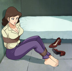 Rule 34 | absurdres, arms behind back, barefoot, bdsm, bondage, bound, bound ankles, bound arms, breasts, brown eyes, brown hair, cleavage, highres, large breasts, lost one zero, lupin iii, mine fujiko, mole