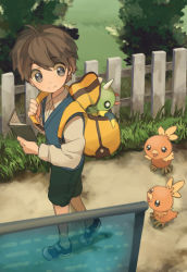Rule 34 | 1boy, backpack, bag, bird, book, brown hair, closed mouth, creatures (company), day, fence, game freak, gen 2 pokemon, gen 3 pokemon, grass, holding, holding book, linaria (ookinahitomi), male focus, nintendo, open book, pokemon, pokemon (creature), smile, spinarak, torchic, walking