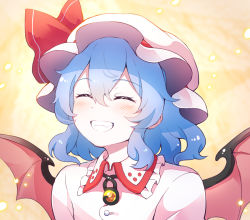 Rule 34 | 1girl, 60mai, bat wings, blue hair, blush, closed eyes, closed mouth, collared dress, commentary request, dress, fang, gem, gradient background, hair between eyes, hat, hat ribbon, jewelry, mob cap, orange background, pink dress, pink hat, puffy short sleeves, puffy sleeves, red ribbon, remilia scarlet, ribbon, short hair, short sleeves, smile, solo, teeth, touhou, upper body, wings, yellow background