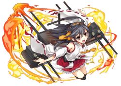 Rule 34 | 1girl, bare shoulders, blush, brown eyes, detached sleeves, explosion, fire, frilled skirt, frills, green hair, gun, hairband, haruna (kancolle), headgear, japanese clothes, kantai collection, looking at viewer, machinery, nontraditional miko, outstretched arms, parody, pleated skirt, puzzle &amp; dragons, red skirt, simple background, skirt, solo, spread arms, thighhighs, turret, weapon, white background, yoshiwo