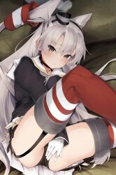 Rule 34 | 1girl, absurdres, amatsukaze (kancolle), ass, black dress, black panties, blush, brown eyes, closed mouth, commentary request, dress, gloves, grey hair, hair tubes, highres, kantai collection, long hair, long sleeves, looking at viewer, panties, red thighhighs, sailor collar, sailor dress, single glove, solo, thighhighs, two side up, underwear, white gloves, white sailor collar, zetsuriinu (kairyougata)
