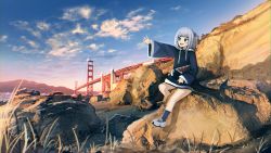 Rule 34 | 1girl, :d, absurdres, advarcher, blue eyes, blue hair, blue hoodie, blue sky, blue socks, blunt bangs, bridge, cloud, commentary, drawstring, english commentary, fins, fish tail, gawr gura, golden gate bridge, grass, hair ornament, highres, hololive, hololive english, hood, hood down, hoodie, long sleeves, looking to the side, mountain, mountainous horizon, multicolored hair, ocean, open mouth, outdoors, rock, san francisco, shark girl, shark hair ornament, shark tail, sharp teeth, sitting, sky, smile, socks, solo, streaked hair, tail, teeth, virtual youtuber, white footwear, wide sleeves