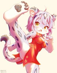 Rule 34 | 1girl, ahoge, animal ears, bare legs, barefoot, blush, body fur, breasts, china dress, chinese clothes, cleavage cutout, clothing cutout, dated, dress, feet, fewer digits, fighting stance, furry, furry female, gradient background, high kick, highres, kicking, kung fu, leopard ears, leopard girl, leopard tail, looking at viewer, medium breasts, multicolored hair, no panties, open mouth, original, pawpads, piporinton, solo, tail, toes, twitter username, yellow eyes