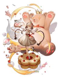 Rule 34 | 1girl, absurdres, ahoge, alchemy stars, alternate costume, animal bag, animal hands, bag, bandaged arm, bandages, black footwear, braid, brown dress, brown hair, candy, cherry, crown, cup, cupcake, doily, dress, eve (alchemy stars), eyepatch, food, fruit, full body, gloves, hat, highres, long hair, long sleeves, mary janes, min a, multicolored hair, open mouth, outstretched arms, paw gloves, plaid headwear, puffy long sleeves, puffy sleeves, red eyes, red hair, red ribbon, ribbon, sandwich, shoes, shoulder bag, sidelocks, simple background, socks, solo, standing, standing on one leg, strawberry, stuffed animal, stuffed toy, teacup, teapot, teddy bear, tiptoes, twin braids, two-tone hair, white background