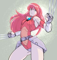 Rule 34 | 1girl, android, arched back, bb9 megadrive, belt, blade, blue eyes, bodysuit, choker, claws, commentary request, cyborg, expressionless, gem, highres, hip armor, long hair, looking at viewer, mieu (phantasy star), phantasy star, phantasy star iii, red hair, robot, science fiction, sega, serious, solo, toned, upper body