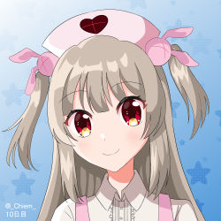 Rule 34 | 1girl, blush, chiem, closed mouth, collared shirt, gradient background, hair ornament, hat, highres, light brown hair, long hair, looking at viewer, natori sana, nurse cap, pink hat, portrait, rabbit hair ornament, red eyes, sana channel, shirt, solo, two side up, virtual youtuber