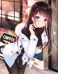 Rule 34 | 1girl, absurdres, bag, blue eyes, breasts, brown hair, commentary request, hair ornament, hairclip, highres, jacket, jewelry, large breasts, lebring, long hair, long sleeves, looking at viewer, necklace, original, outdoors, pantyhose, pencil skirt, skirt, smile, snow, solo, white jacket