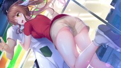 Rule 34 | 1girl, ass, blush, boku no mirai wa koi to kakin to, breast press, breasts, brown hair, floating hair, from below, game cg, groin, highres, hug, kitami rio, legs, medium breasts, nironiro, one eye closed, open mouth, original, outdoors, outstretched arms, panties, panty peek, shoes, shorts, smile, sneakers, standing, thighs, twintails, two side up, underwear, yellow eyes