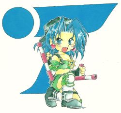 Rule 34 | 1990s (style), 1girl, angry, badge, belt, blue eyes, blue hair, boots, earrings, gloves, hat, jewelry, kneeling, matching hair/eyes, open mouth, retro artstyle, short hair, shorts, solo, tonfa, toushinden, tracy (toushinden), weapon