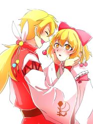Rule 34 | :o, blonde hair, blush, bow, couple, closed eyes, gender request, genderswap, hair bow, hair ornament, highres, holding head, japanese clothes, looking at another, miko, ponytail, rokki hero, satsuki rin, smile, surprised, touhou