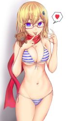 Rule 34 | 1girl, :p, absurdres, ahoge, as val (girls&#039; frontline), bad hands, bikini, blonde hair, blue eyes, breasts, cleavage, franz (217franz), girls&#039; frontline, glasses, hair between eyes, hair ornament, hairclip, heart, highres, holding, holding stuffed toy, long hair, looking at viewer, medium breasts, multicolored bikini, multicolored clothes, navel, pill, red-framed eyewear, red scarf, scarf, semi-rimless eyewear, side-tie bikini bottom, sidelocks, solo, spoken heart, stomach, striped bikini, striped clothes, stuffed animal, stuffed toy, swimsuit, teddy bear, thighs, tongue, tongue out