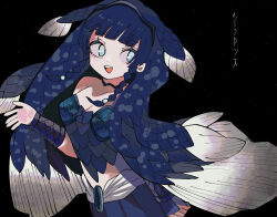 Rule 34 | 1girl, absurdres, arm at side, black background, black hair, blue hair, blunt bangs, bow, bracer, braid, coelacanth (kemono friends), corset, cowboy shot, dark blue hair, eyelashes, fins, fish tail, green eyes, hand up, head fins, highres, kanmoku-san, kemono friends, long hair, looking at viewer, midriff, multicolored hair, open mouth, side braid, simple background, skirt, smile, solo, stomach, tail, translated, twin braids, very long hair, white hair