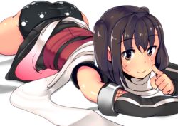 Rule 34 | 10s, 1girl, bad id, bad pixiv id, black panties, brown eyes, brown hair, clothes lift, elbow gloves, eyes visible through hair, gloves, hair ornament, kantai collection, looking at viewer, lying, on stomach, panties, pleated skirt, pointing, pointing at viewer, scarf, school uniform, sendai (kancolle), sendai kai ni (kancolle), serafuku, short hair, skirt, skirt lift, smile, solo, soo, two side up, underwear