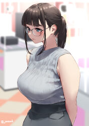 Rule 34 | 1girl, arms behind back, bare arms, bare shoulders, black hair, blue eyes, blurry, blurry background, blush, breasts, closed mouth, glasses, grey skirt, jonsun, large breasts, long hair, mole, mole under eye, original, ponytail, shirt tucked in, skirt, sleeveless, solo, tamami (jonsun), twitter username