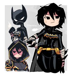 Rule 34 | 1girl, absurdres, armor, bandaged wrist, bandages, batgirl, batman (series), belt, black bodysuit, black eyes, black hair, black hood, bodysuit, breasts, cassandra cain, contrapposto, dc comics, hand on own hip, highres, hood, looking at viewer, medium breasts, mixed-language commentary, multiple views, rariatto (ganguri), scar, scar on face, short hair, standing, superhero costume, utility belt, white eyes